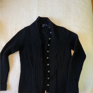 Black Ribbed Lambswool Cardigan Sweater